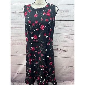 Roz Ali Black Floral‎ Sleeveless Midi Dress Size 14 Flounce Hem Ruffle
